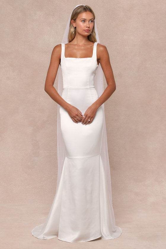 Luxe Loveliness White Satin Backless Mermaid Maxi Dress