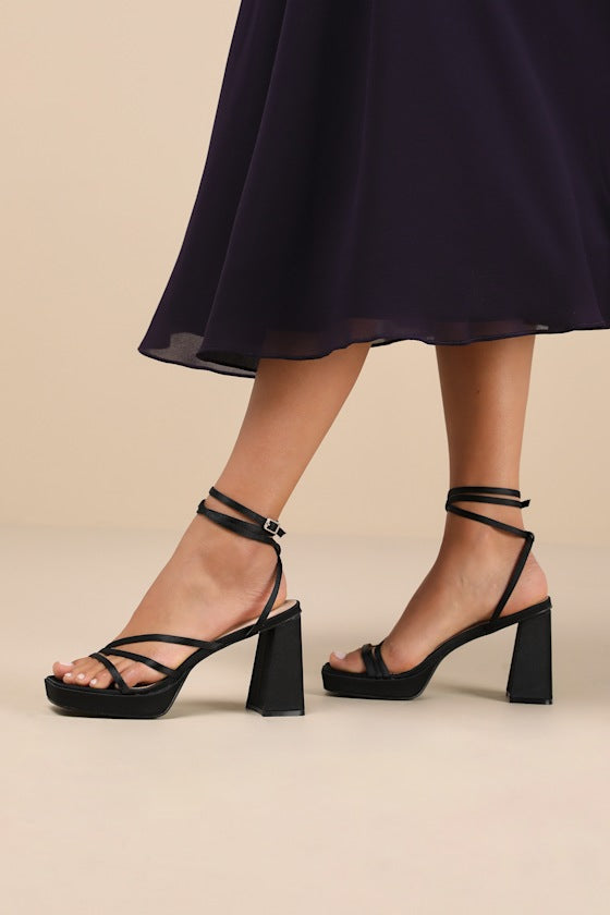 Antonnia Black Satin Strappy High Heel Ankle Wrap Sandals