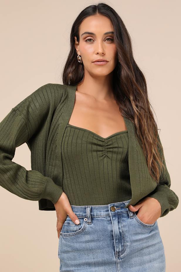 Cutest Duet Olive Green Knit Cami Top and Cardigan Sweater Set