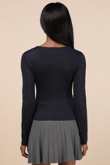 Simple Adoration Navy Pointelle Scoop Neck Long Sleeve Top