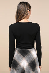 Lovely Ties Black Ribbed Knit Tie-Front Long Sleeve Bodysuit