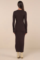 Refined Attitude Brown Ribbed Side Button Midi Sweater Dress