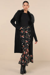 Effortlessly Lavish Black Ribbed Faux Fur Collared Coatigan