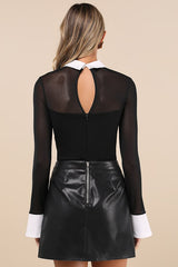Confident Essence Black and White Mesh Long Sleeve Bodysuit