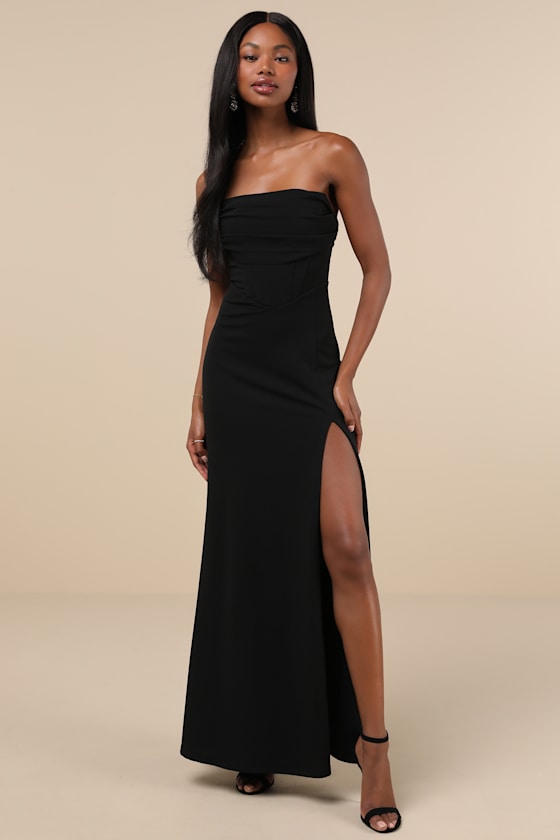 Spellbinding Allure Black Bustier Strapless Mermaid Maxi Dress