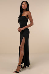 Spellbinding Allure Black Bustier Strapless Mermaid Maxi Dress