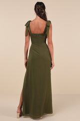 Gorgeous Whimsy Olive Pleated Off-the-Shoulder Maxi Dress