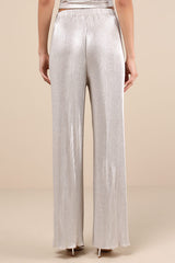Spectacular Shimmer Champagne Lurex Plisse Wide-Leg Pants