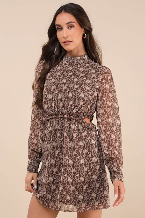 Autumn Bliss Brown Floral Print Long Sleeve Cutout Mini Dress