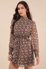 Autumn Bliss Brown Floral Print Long Sleeve Cutout Mini Dress