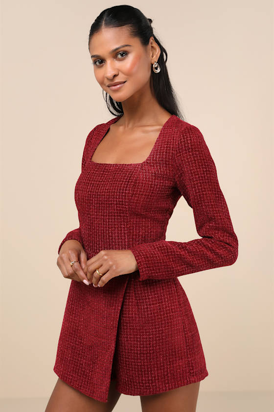 Cultivated Poise Burgundy Tweed Romper