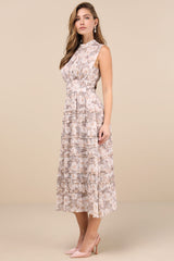 Happily Sweet Beige Floral Mock Neck Backless Midi Dress