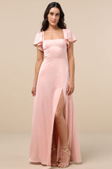 Ultimate Sweetness Light Pink Satin Flutter Sleeve Maxi Dress