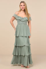 Always Remarkable Sage Brush Pleated Off-the-Shoulder Maxi Dress