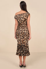 Carden Beige Leopard Print Asymmetrical Midi Dress