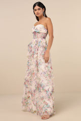 Stunning Element Cream Floral Mesh Ruffled Strapless Maxi Dress