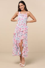 Levina Light Blue Floral Asymmetric Ruffled Midi Dress