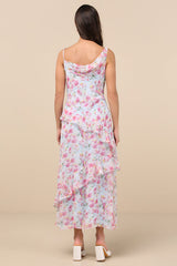 Levina Light Blue Floral Asymmetric Ruffled Midi Dress