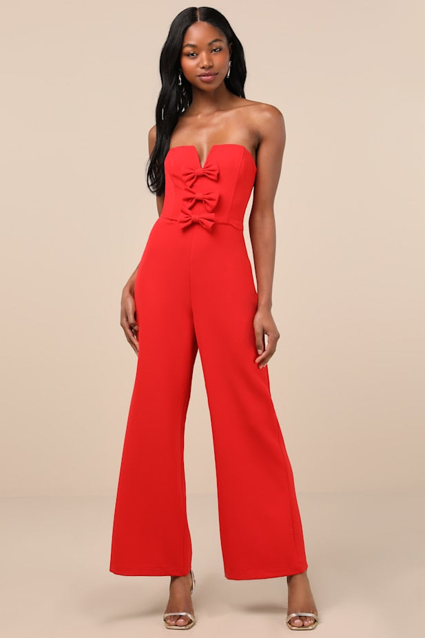 Opulent Outlook Red Bow Strapless Wide-Leg Jumpsuit