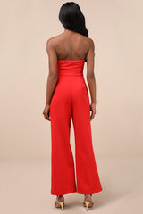 Opulent Outlook Red Bow Strapless Wide-Leg Jumpsuit
