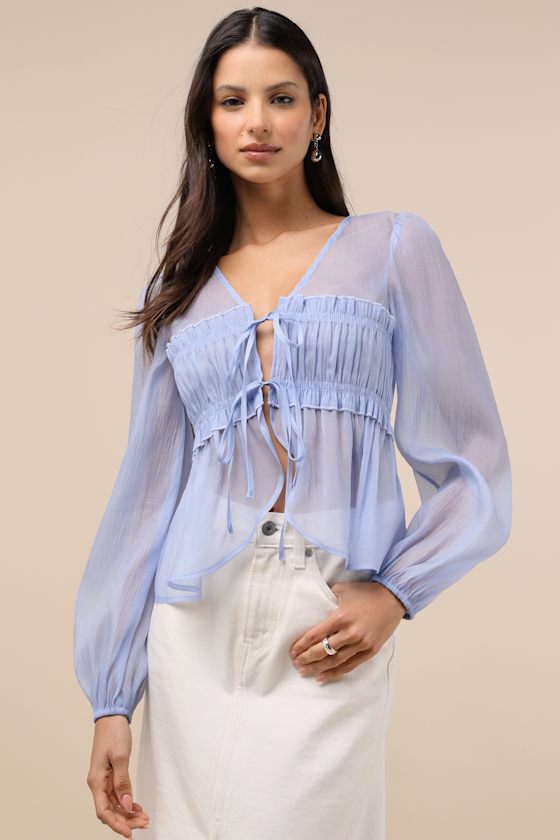 Kyler Blue Sheer Tie-Front Long Sleeve Top