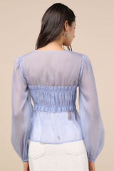 Kyler Blue Sheer Tie-Front Long Sleeve Top