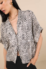 Island Style White Leopard Print Button-Up Short Sleeve Top