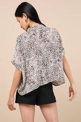Island Style White Leopard Print Button-Up Short Sleeve Top