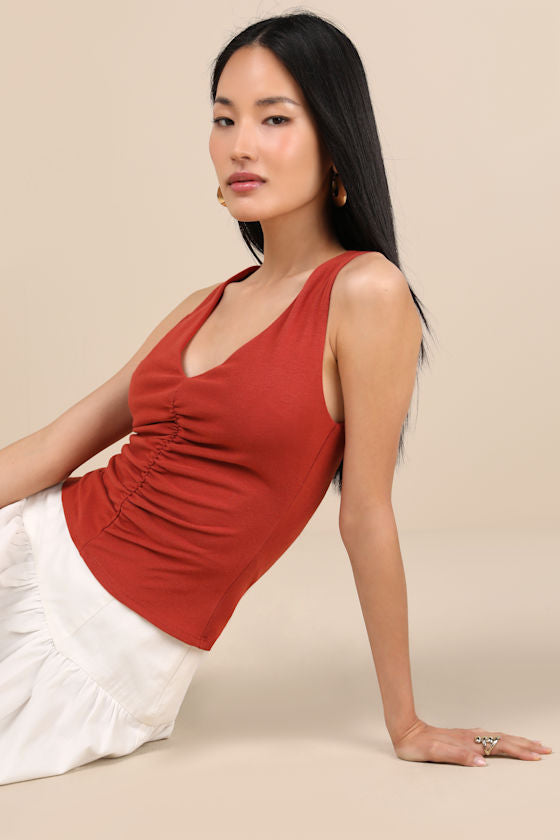Kosta Rust Red Ruched Jersey Knit Tank Top
