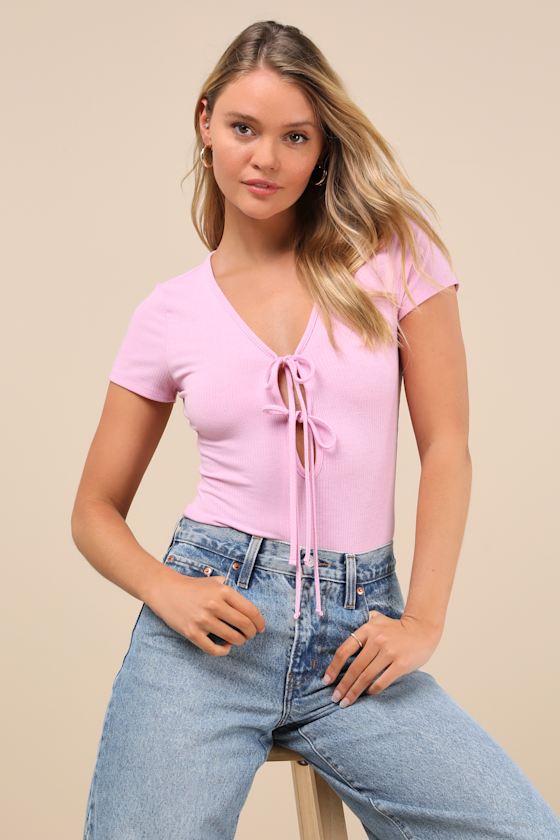 Lovely Ties Pink Ribbed Knit Tie-Front Short Sleeve Bodysuit