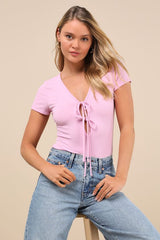Lovely Ties Pink Ribbed Knit Tie-Front Short Sleeve Bodysuit