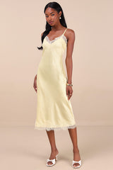Raenne Light Yellow Crinkle Satin Lace Midi Slip Dress