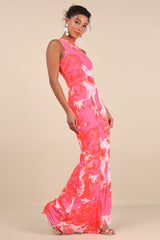 Telestia Hot Pink Abstract Mesh Mermaid Maxi Dress