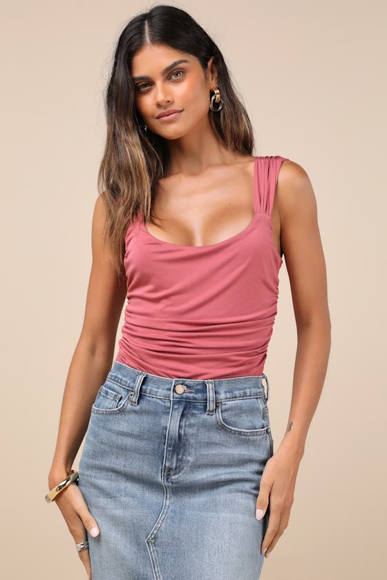 Cut Out for Summer Rusty Rose Ruched Tie-Back Bodysuit