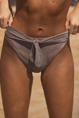 Audrey Shiny Taupe Lurex Knotted High-Rise Bikini Bottoms