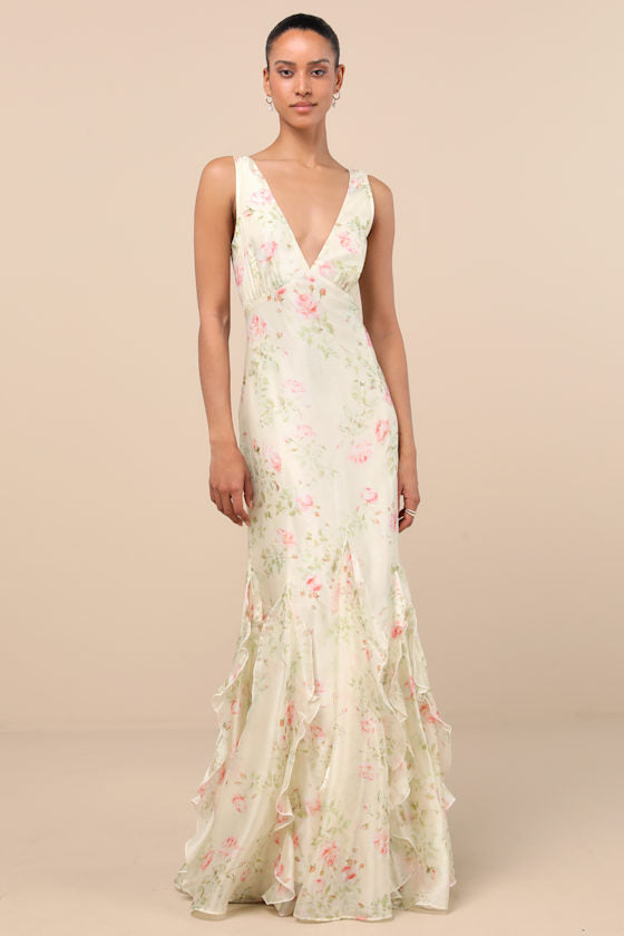 Deluca Cream Floral Sleeveless Ruffled Maxi Dress