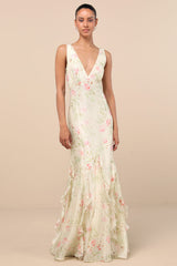 Deluca Cream Floral Sleeveless Ruffled Maxi Dress