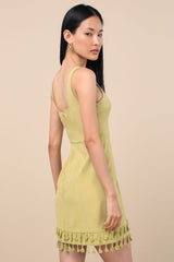Feel the Sunshine Chartreuse Linen Tassel Mini Dress