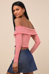 Danon Red and Cream Striped Rosette Off-the-Shoulder Top