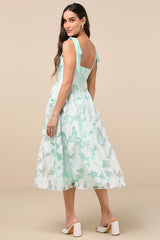 Proof of Perfection Mint Green Floral Tiered Tie-Strap Midi Dres