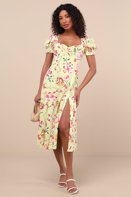 Parisian Picnic Green Floral Jacquard Puff Sleeve Midi Dress