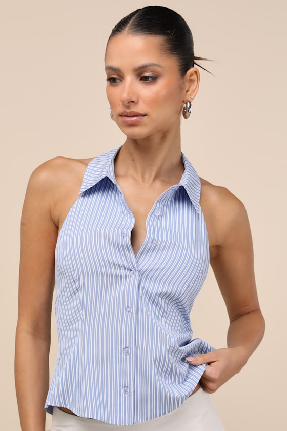 Giosetta Blue Pinstriped Button-Front Halter Top