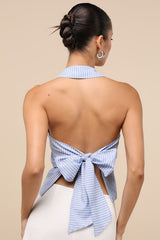 Giosetta Blue Pinstriped Button-Front Halter Top