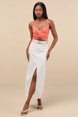 Melika Coral Orange Ribbed Knotted Crop Tank Top