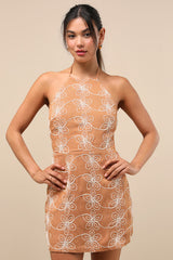 Tetiana Tan Floral Embroidered Halter Mini Dress