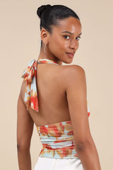 Ayaka Light Blue and Orange Abstract Mesh Halter Top