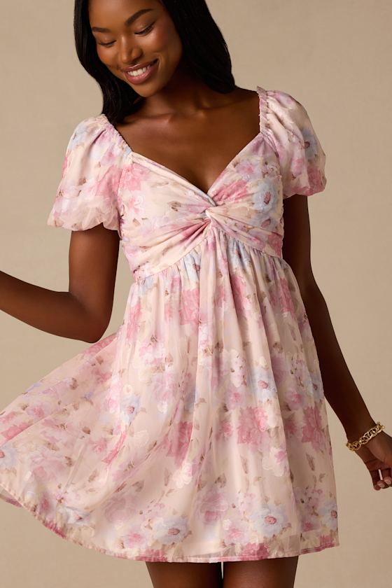 Fresh Florals Cream Floral Print Puff Sleeve Mini Dress