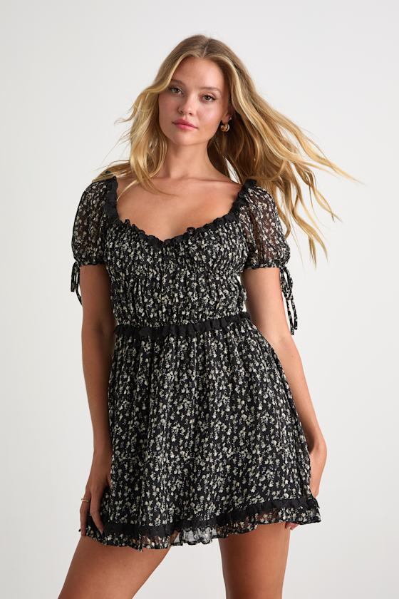 Adoring Moment Black Floral Lace Ruffled Puff Sleeve Mini Dress