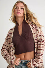 Breezy Strolls Beige Multi Striped Crochet Long Cardigan