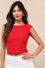 Bellia Red Textured Knit Cap Sleeve Backless Top
